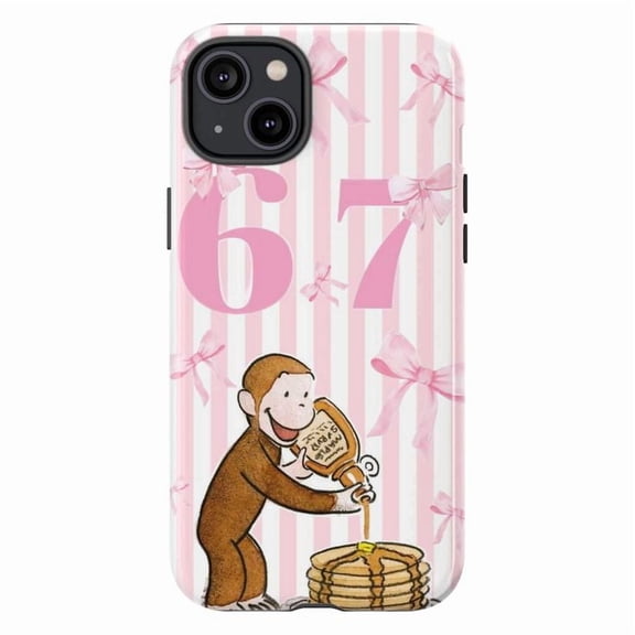 Curious George Number 7 Phone Case, Pancakes Pink Stripe Bow Cover for iPhone 17 16 15 14 13 12 11 Pro Plus Mini
