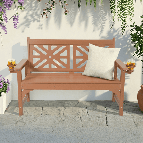 DELMANGO Outdoor Bench with Cup Holders, HDPE Weatherproof Garden Bench 2-Person, Fade/Rot Resistance Patio Benches for Porch and Park, Brown