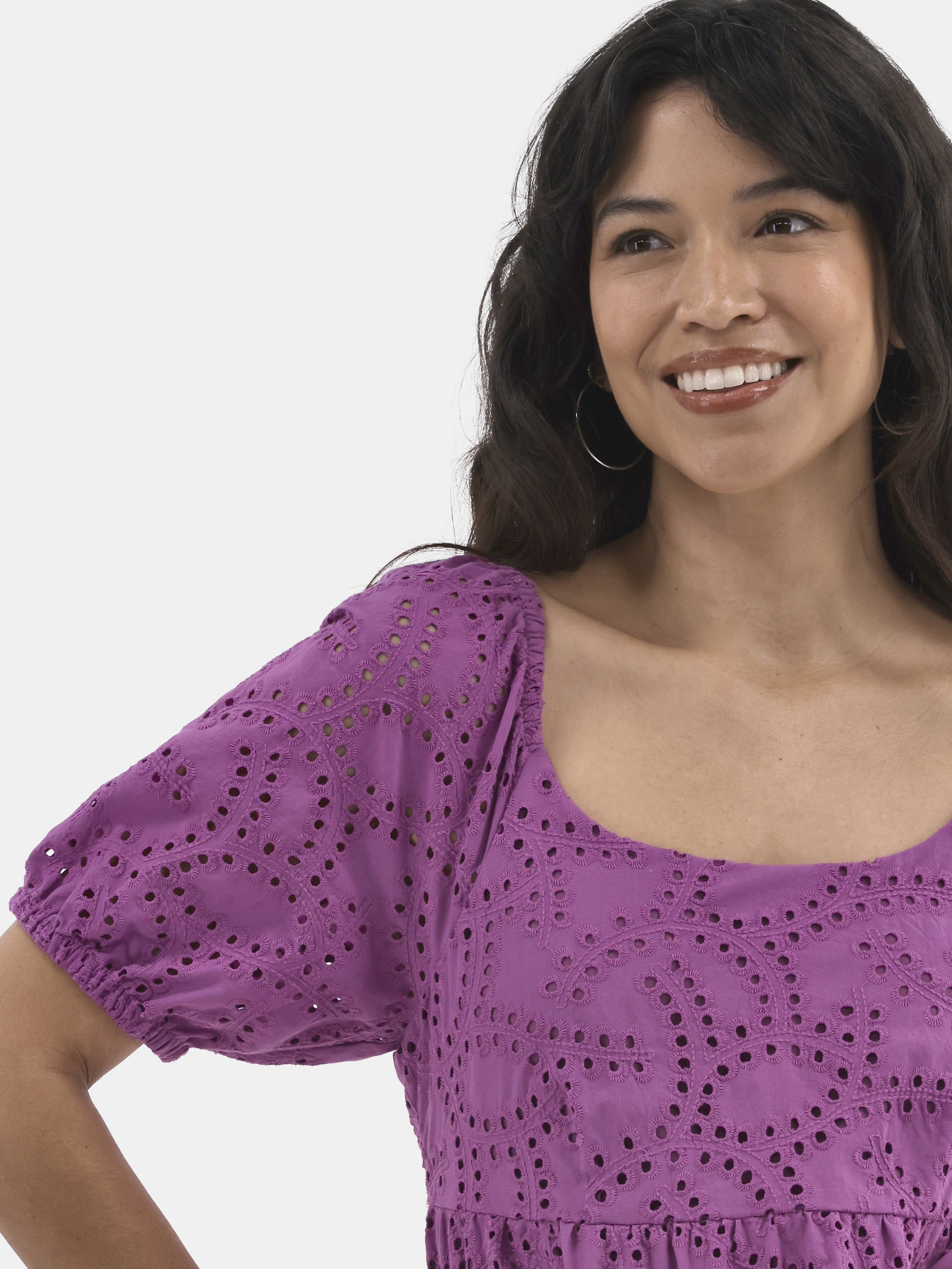 Time and Tru Women's Eyelet Dress with Puff Sleeves, Sizes XS-XXXL