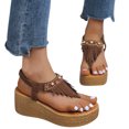 thumbnail image 3 of ZTTD Ladies Sandals Thong Sandals Wedge Ultra Thick Platform Thong Fringe Boho Sandals Brown, 3 of 9