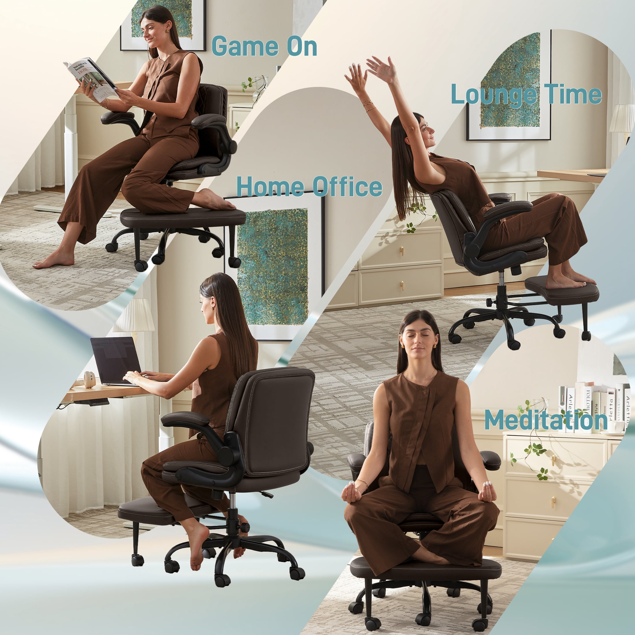 Dhole High Back Ergonomic Office Chair - Adjustable Swivel Chair with Lumbar Support, Flip-Up Arms, Retractable Footrest & Brown Diamond PU Leather for Home Office Desk-Brown