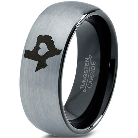 Heart Dome - Tungsten Texas The Lone Star State Heart Band Ring 8mm Men Women Comfort Fit Black Dome Brushed Gray Polished