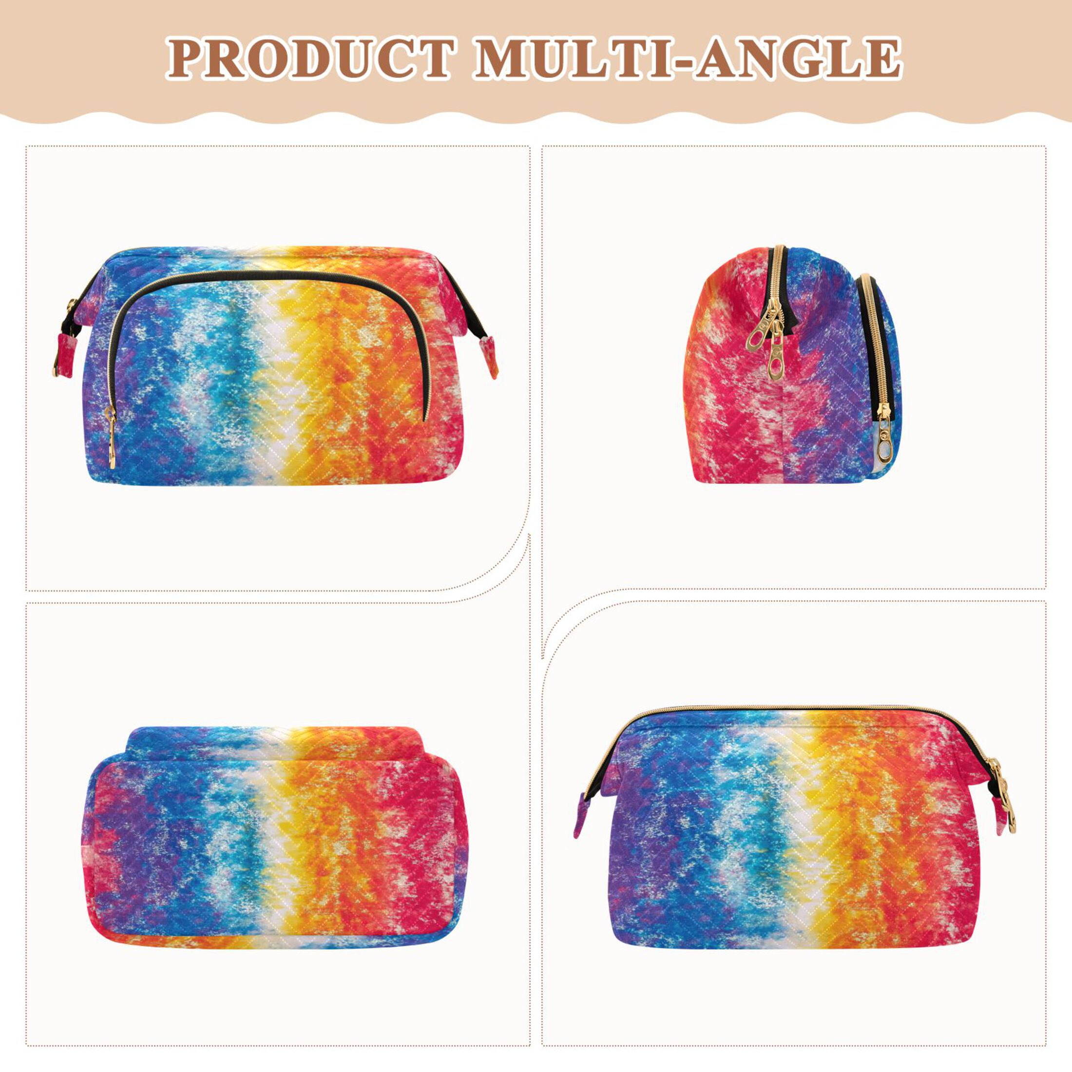 Wavy Quilted Cosmetic Bag Large-Capacity Travel Toiletry Organizer Includes 9-Piece Portable Travel Bottle Set Rainbow Color Tie-dye