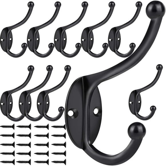 Ganchos de pared ZEYU de 10 piezas, dobles, negros y resistentes al óxido