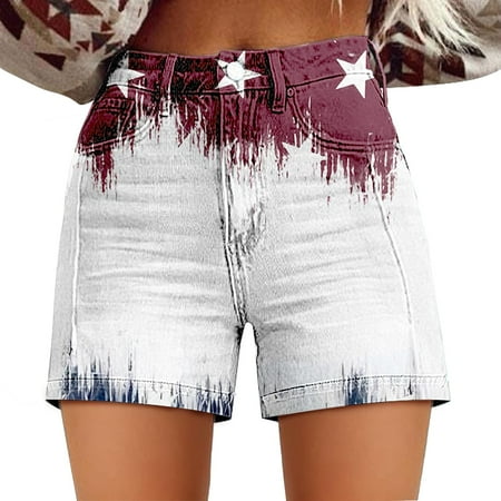 Outfmvch American Flag Shorts shorts for Woman swim Trunks athletic Shorts gym Shorts independence Day High Waisted Twill Shorts with Loose Fit Artistic Retro Print and Pocket Shorts White L