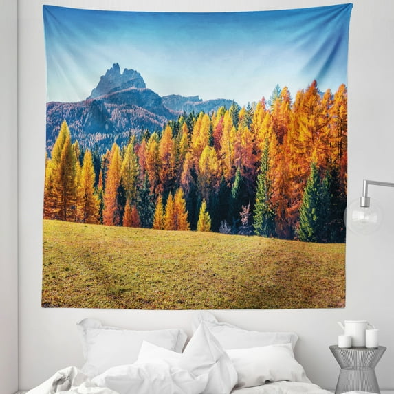Autumn Scenery Tapestry, Panorama Fall Grass and Trees Morning View from the Hills Picture, Fabric Wall Hanging Decor for Bedroom Living Room Dorm, 5 Sizes, Orange and Sky Blue, by Ambesonne