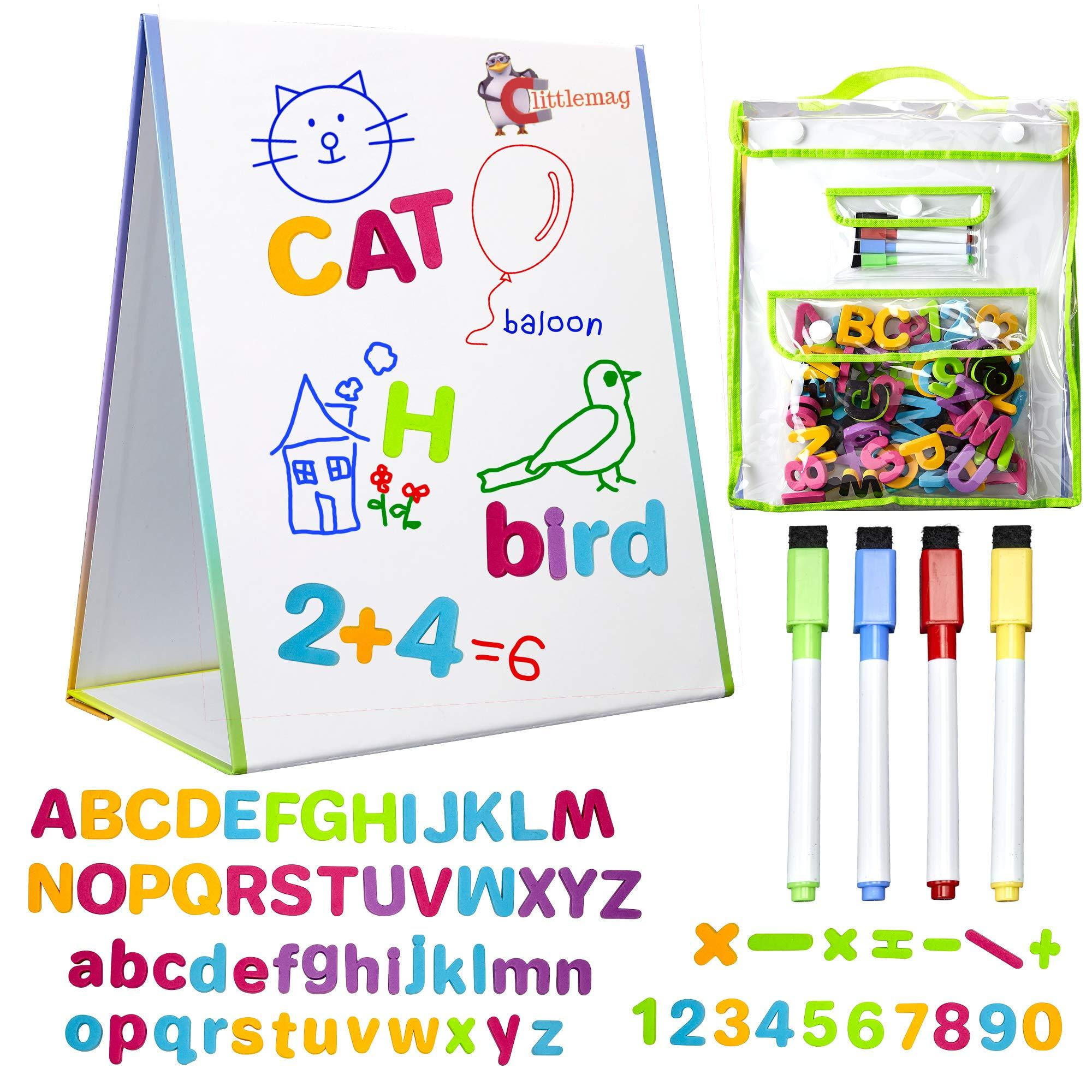 2 Sided Whiteboard 71 Piece Small Magnetic Dry Erase Easel for Kids Education Magnetic Foam Letters and Numbers Classroom by ABACO BRANDS 4 Dry Erase Markers w Magnetic Cap Erasers Toys 