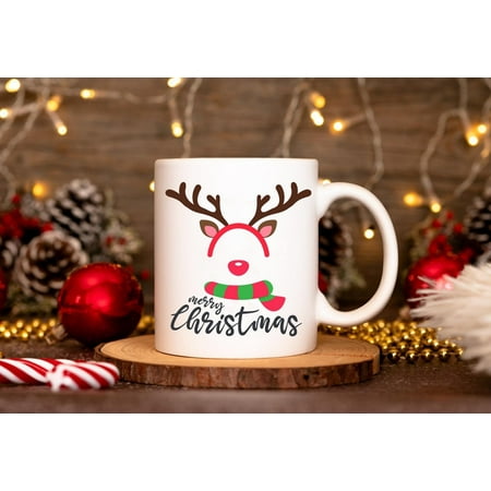 Merry Christmas Mug 1 Side, Cute Reindeer Holiday Coffee Mug, Christmas Gift Idea for Her