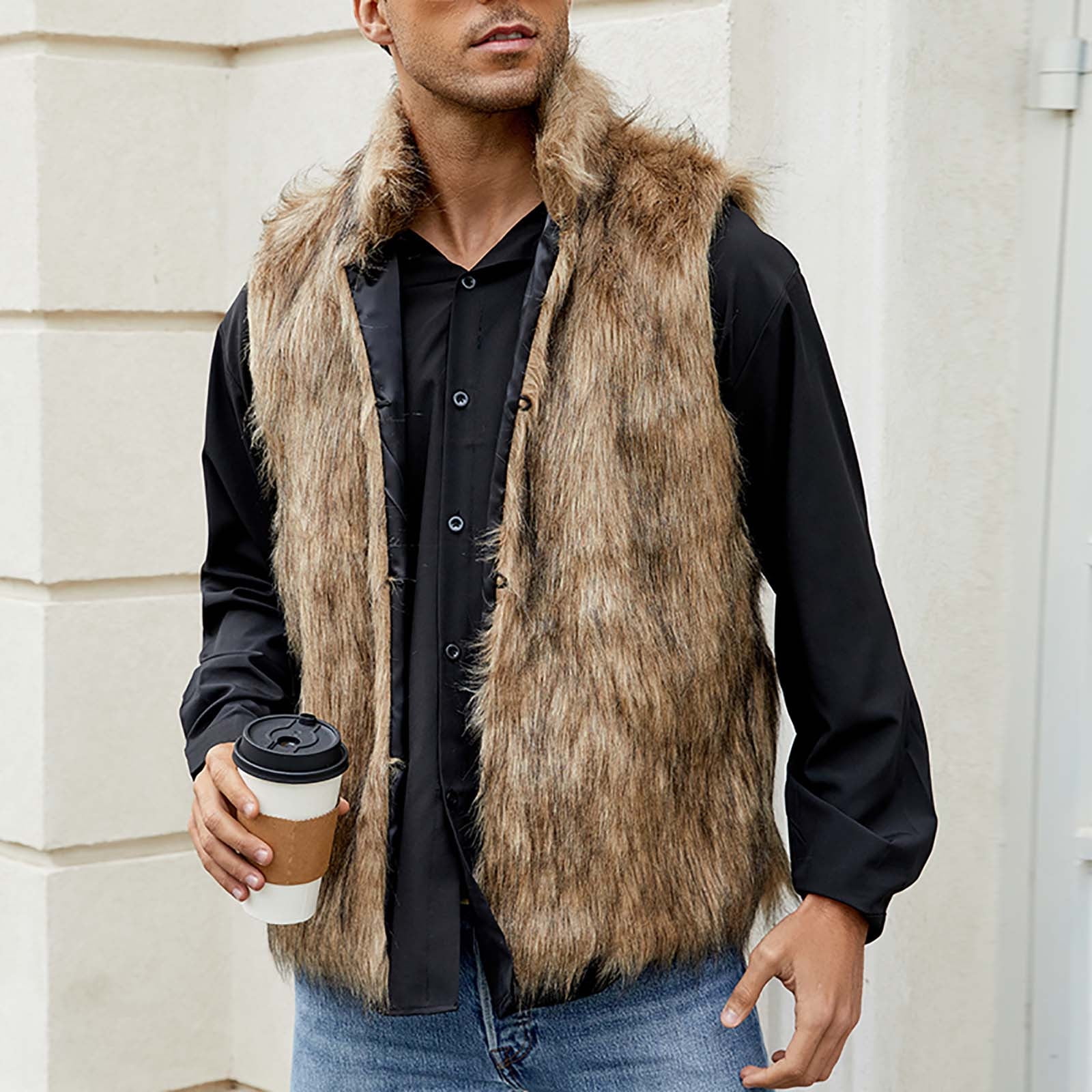 jjayotai Mens Faux Fur Vest, Winter Warm Short Coat Fluffy