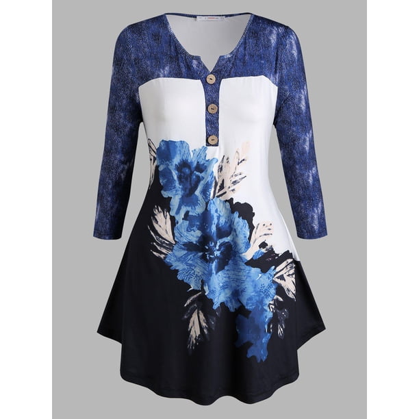 Más el tamaño de la impresión floral de la túnica de Colorblock Tee Rosegal Camisetas tallas grandes