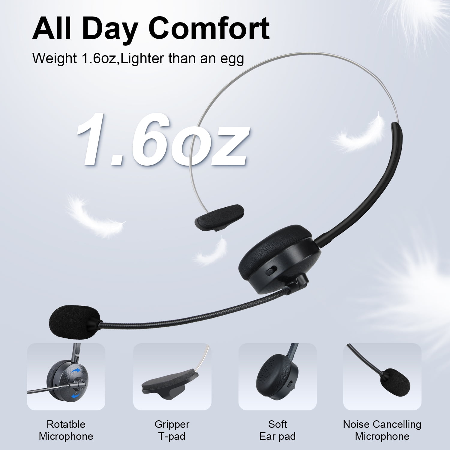 ABCPOW Trucker V5.3 Bluetooth Headset with Microphone,Noise Cancelling Headphones w/ Charging Base,Wireless On-Ear Earphones 30Hrs Playtime Wireless Headset for Office PC/Work/Cell Phone/Call Center