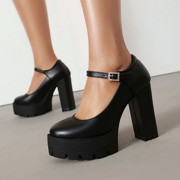 Women's Platform Chunky High Heels Closed Toe Block Ankle Strap Dress Bridal Party Wedding Shoes Black 6.5