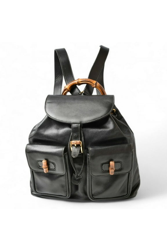 Pre-Owned GUCCI Backpack Bamboo Bag Leather Black (Good)