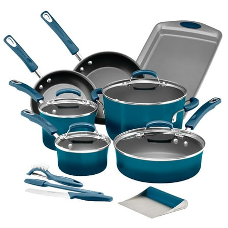 Meyer Rachael Ray Covered Pot - Rachael Ray Classic Brights Hard Enamel Nonstick 15-Piece Cookware Set plus GWP, Marine Blue
