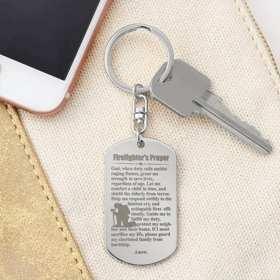 Firefighter's Prayer Engraved Dog Tag Bible Keychain Stainless Steel or 18k Gold