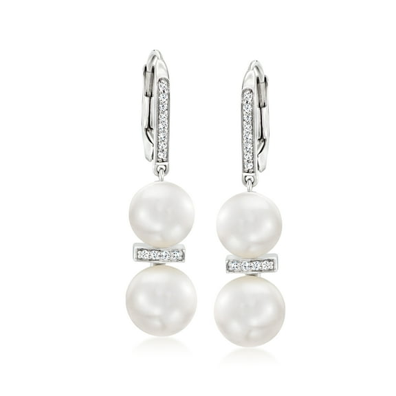 Ross-Simons 7.5-9mm Cultured Pearl and .15 ct. t.w. Diamond Drop Earrings in Sterling Silver, Women's, Adult