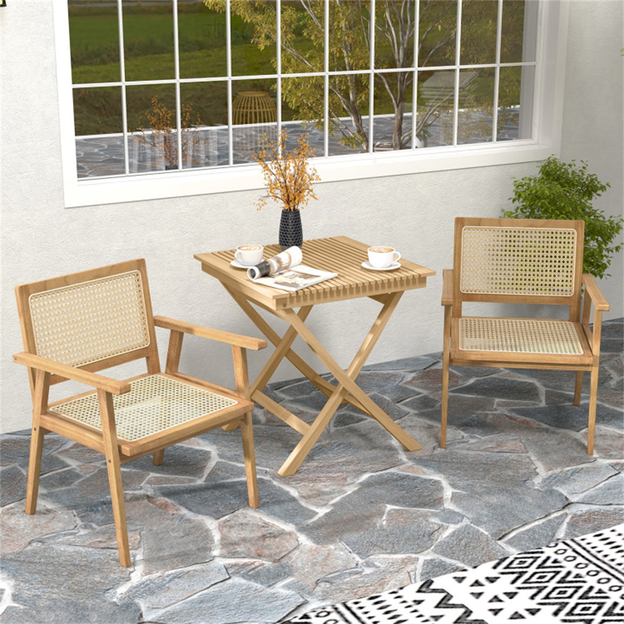 Demi Bonn Indonesia Teak Wood Dining Chair with Natural Rattan Seat and Curved Backrest for Backyard Porch Balcony, Beige