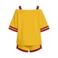 thumbnail image 7 of Karymi Summer Sets for Women Tracksuit 2 Piece Outfit, Contrast Off Shoulder Short Sleeve Striped Cuff Baot Neck Top & Elastic Drawstring Waist Side Trim Shorts Rompers for Women, 7 of 7