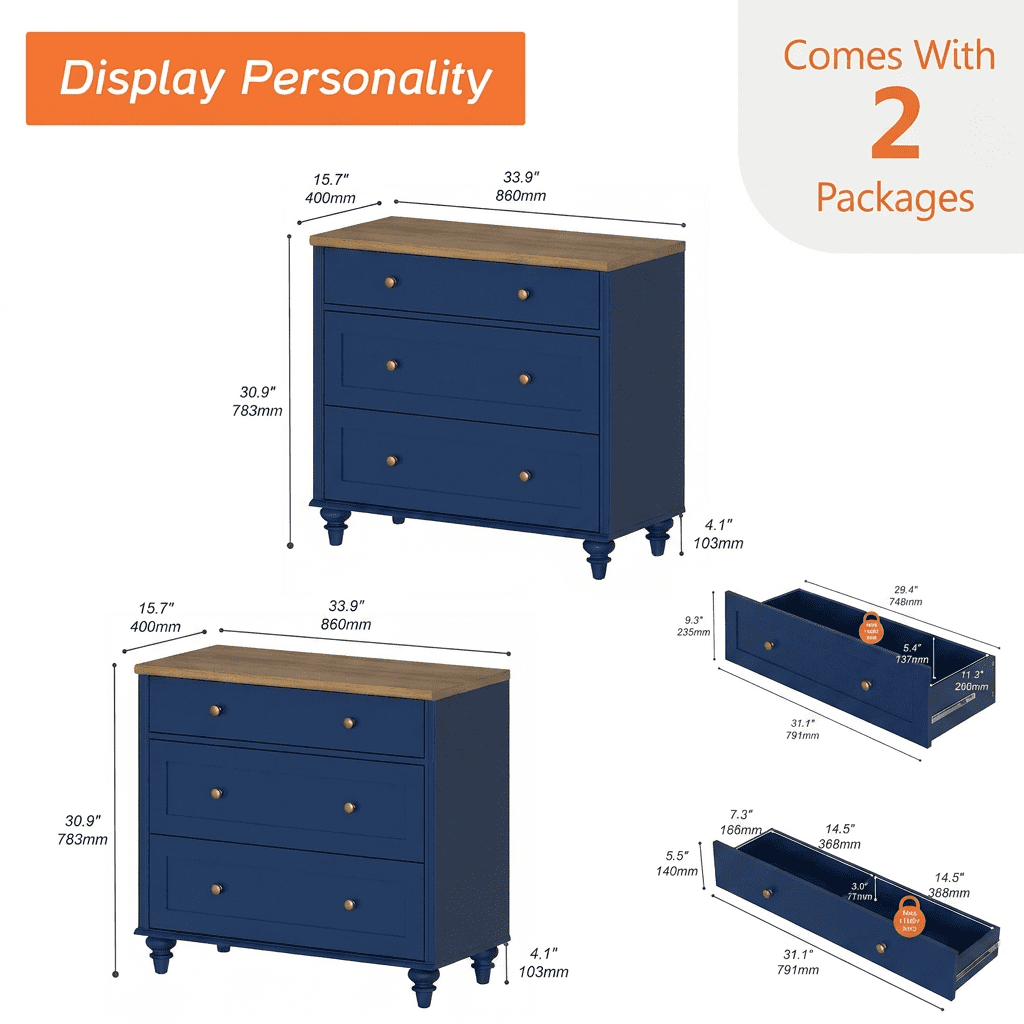 Navy Blue End Table with 3 Drawers, Large Wood Bedside Table Night Stand, Wide Sofa Side Table 3 Drawers for Living Room, Bedroom, 2 PCS