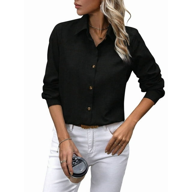 Camisas con Botones para Mujer, Blusas de Larga, Blusas Casuales Lisas para Oficina y Trabajo Negro L