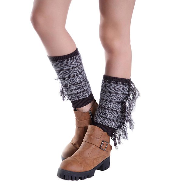 Mujeres Bohemian Boot Cuffs Toppers Borlas con flecos laterales Calcetines cortos de punto de ganchillo Calentadores de piernas Patrón de rayas geométricas Calcetería de pantorrill