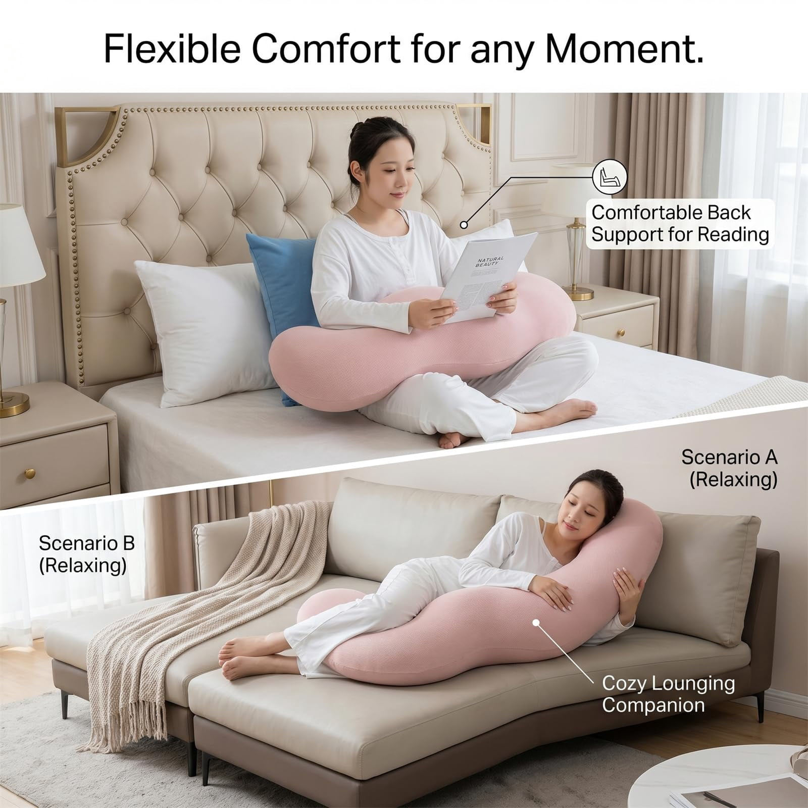 Pea Pod Body Pillow for Side Sleeper with Cooling Body,Soft Ergonomic Side Sleeper Body Pillows for Adults, Full Body Support Pillow