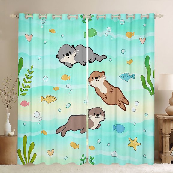 Manfei Cartoon Otter Underwater Marine Black Out Curtains for Kids Boys and Girls, Marine Animal Print Curtains Pack of 2 (42x63 Each)
