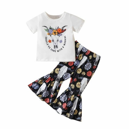 

Clearance Gallickan Toddler Girl Set Clothes Baby Cotton Crew Neck Short Sleeve Casual Cow Print Trousers Bell-bottoms Set Sizes 6M-5T