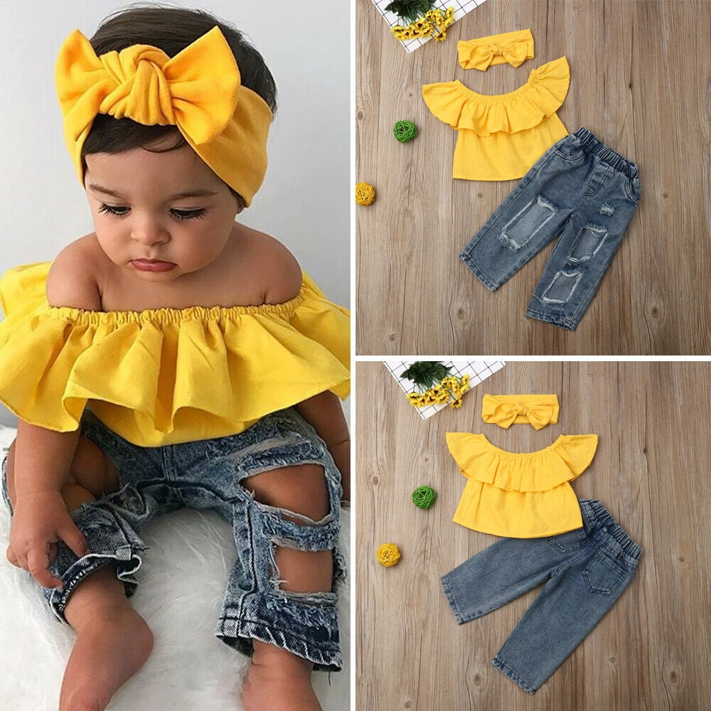 Floral Toddler Kid Baby Girl Clothes Jeans Denim Pants Headband Outfit New