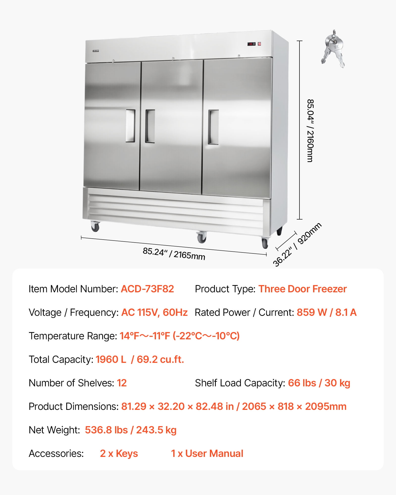 VEVOR Commercial Reach-In Freezer 85" W, 69 Cu.Ft Stainless Steel Upright Freezer with Three Doors, Auto-Defrost, 12 Adjustable Shelves,  -11 to 14℉ Temp Control, ETL Certified