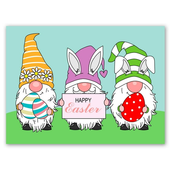 Small World Greetings Whimsical Gnome Trio Happy Easter Cards 12 Count - Blank Inside with Envelopes - A2 Size 5.5”x4.25” - Friends, Family, and More