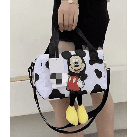 Mini Duffel Bag with Adjustable Shoulder Strap, Character Print Top Handle Bag, White