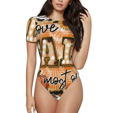 Vsdgher I Love Fall Most Of All Prinr Short Sleeve Body suit for Womens  Sexy Onesie One Piece Round Neck Bodysuit Shapewear Tummy Control-XX-Large