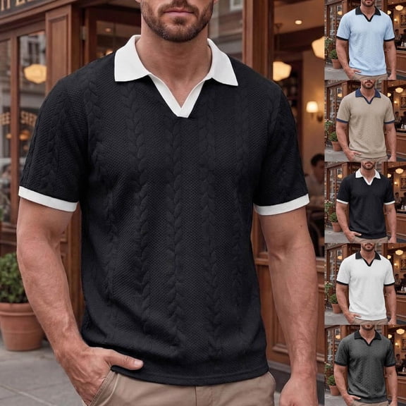 Bxsruta Men Cable Knit Short Sleeve Polo Shirt Casual Breathable Collared Pullover Top for Daily Wear
