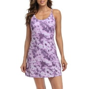 HDE Women Workout Dress Built in Shorts Sleeveless Athletic Sport Dress Purple Tie Dye M