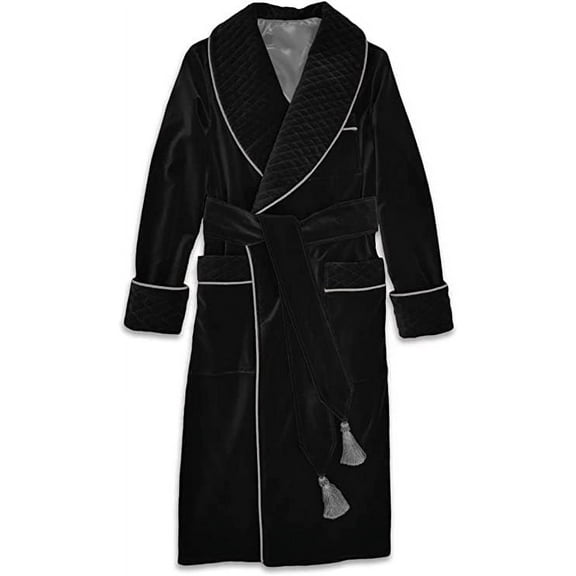Men's Black Long Smoking Jacket, Men Black Velvet Smoking House Wear Hosting Vintage Dressing Gown 