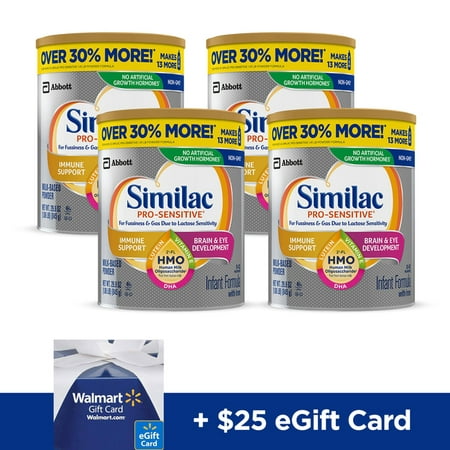 Free $25 Walmart eGift Card with purchase of (4) Similac Pro-Sensitive Non-GMO with 2-FL HMO Infant Formula with Iron for Immune Support, Baby Formula 29.8 oz Value Size