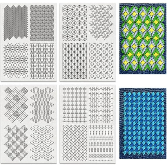 4 Sheets 16 Pcs Geometric Water Soluble Embroidery Pattern Stick and Stitch Embroidery Paper Designs Embroidery Starter Kit for Beginners DIY Craft Sewing Embroidery Black
