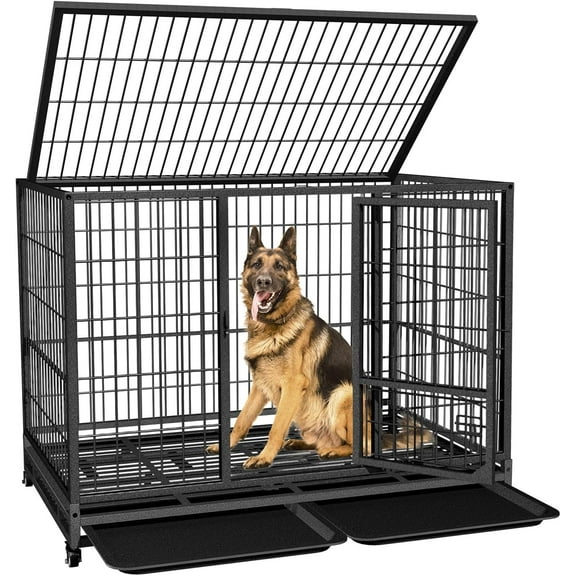 Jhsomdr 42 inch Heavy Duty Dog Crate with Wheels, Indestructible Dog Crate for High Anxiety, Escape Proof Dog Cage Large Dog Kennel with Double Door & Removable Tray