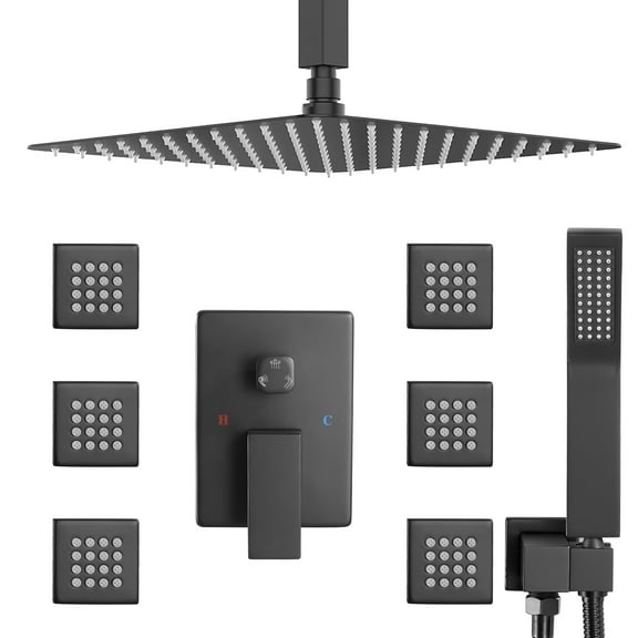 Full Body Shower System with Body Shower Spray Jets, 12'' Ceiling Shower Head System with Jets & Hand Shower, Matte Black Rain Shower System Faucet Set with Jets & Valve