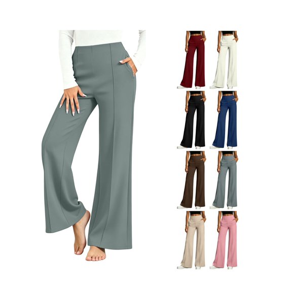 Miluxas Women's High Waist Seamed Wide Leg Pants Tummy Control Business Casual Loose Trousers with Pockets Summer Pants for Daily Outings Wine