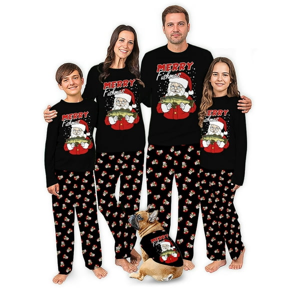 Family Matching Christmas Pajama Set, Santa Fishing Design with Festive Patterned Pants