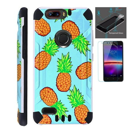 Mega Phone Case From Metro Pcs For ZTE Blade Z Max (Metro PCS) / ZTE ZMax Pro 2 / ZTE Grand X Max 4 / ZTE Sequoia Case + Tempered Glass Slim Dual Layer Brushed Texture Hybrid TPU KomBatGuard Phone Cover (Teal Pineapple) ()