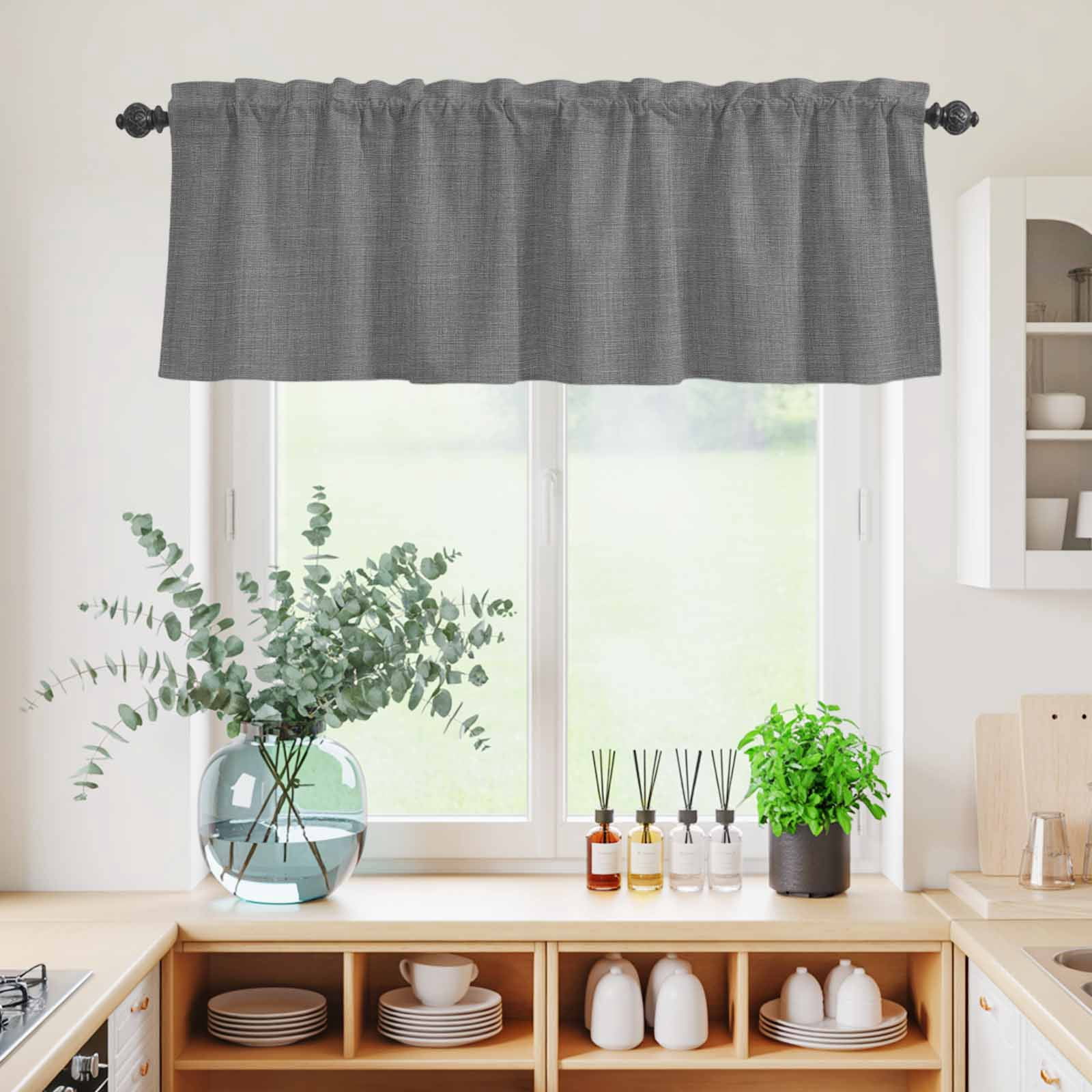 Vintage Dark Gray Kitchen Curtains Sets for Windows 36 Inch Length, Farmhouse Retro Solid Color Linen Texture Rod Pocket Window Treatments Tier Curtains and Valances Set for Bedroom/Bathroom