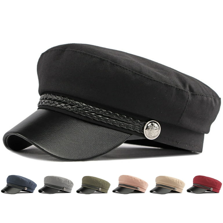 Mightlink Spring Autumn Women Captain Cap Faux Leather Brim Flat
