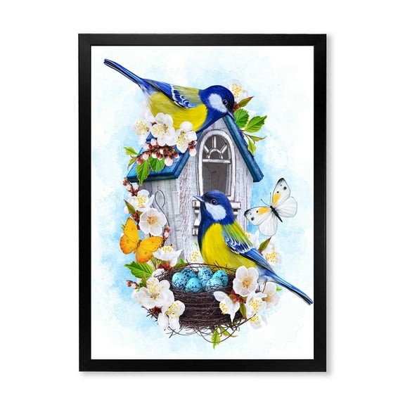Designart 'Two Tit Birds Sitting Near The Nest With Eggs and White Flowers I' Traditional Framed Art Print