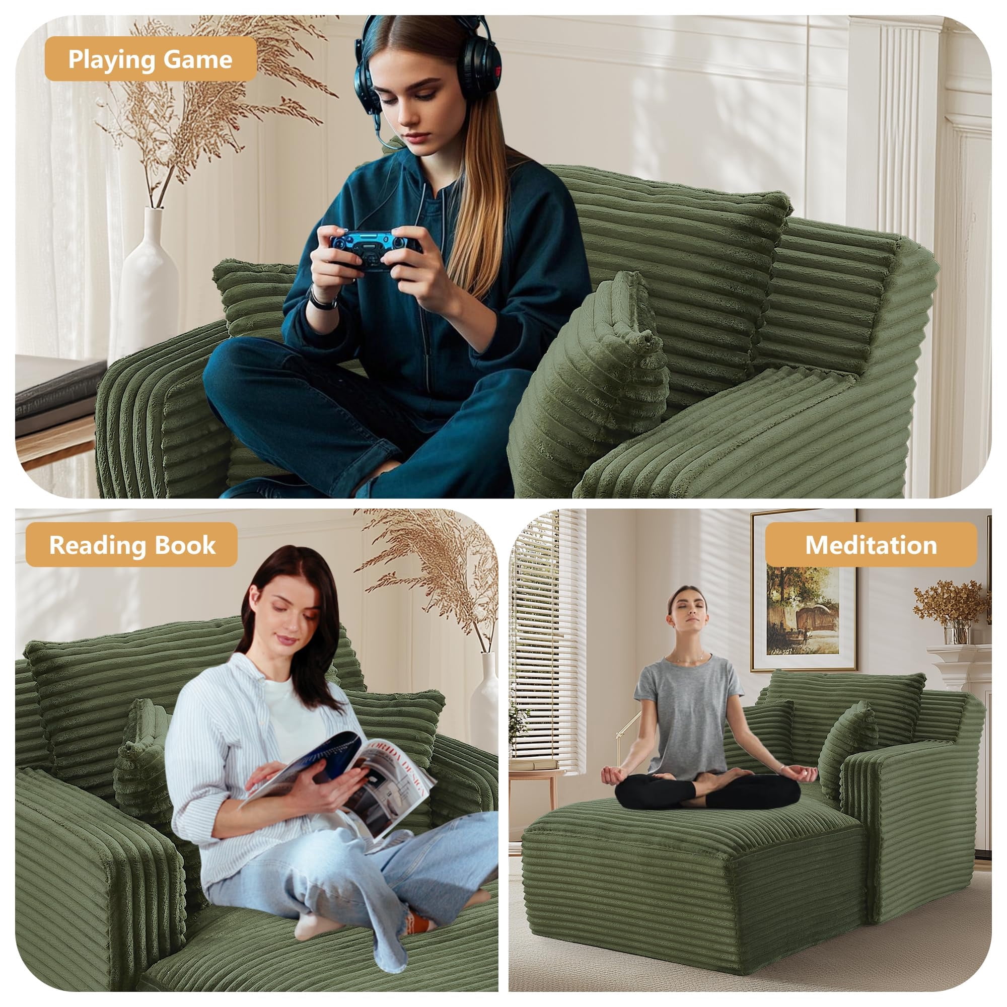 GNIXUU 65.4" Oversized Chaise Lounge Chair Indoor, Modern Corduroy Couch, Comfy Upholstered Boneless Sleeper Sofa with 3 Throw Pillows, Fluffy Reading Chairs Bed for Living Room,Green
