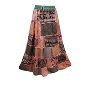 Mogul Maxi Skirts Peach Vintage Printed Gujarati Patchwork Summer Skirt