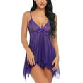 thumbnail image 1 of Faithtur 2Pcs Women Summer Lingerie Set, Solid Color Lace Spaghetti Straps V-Neck Night Dress + G-String Suit, 7 Colors, 1 of 2