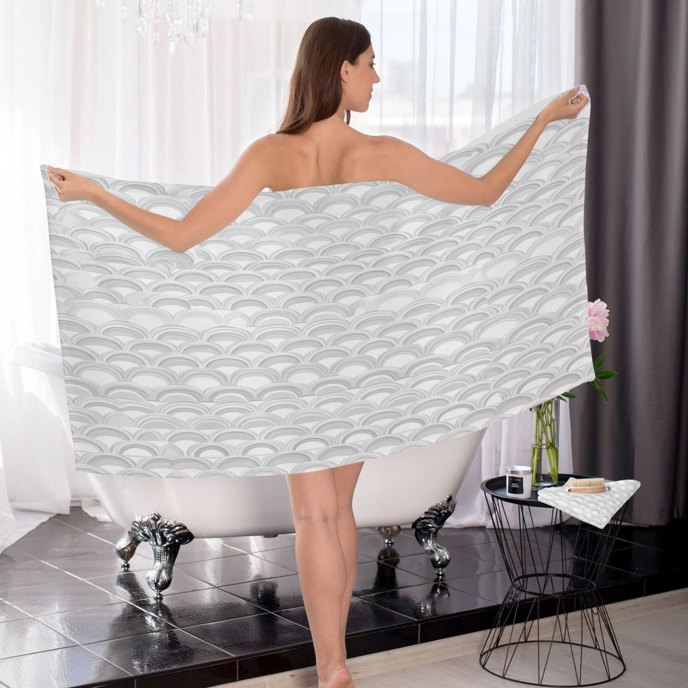 Gray Scallop Pattern Design 2 Piece Cotton Bath and Face Towel Set Soft and Absorbent, for Beach Pool Bathroom